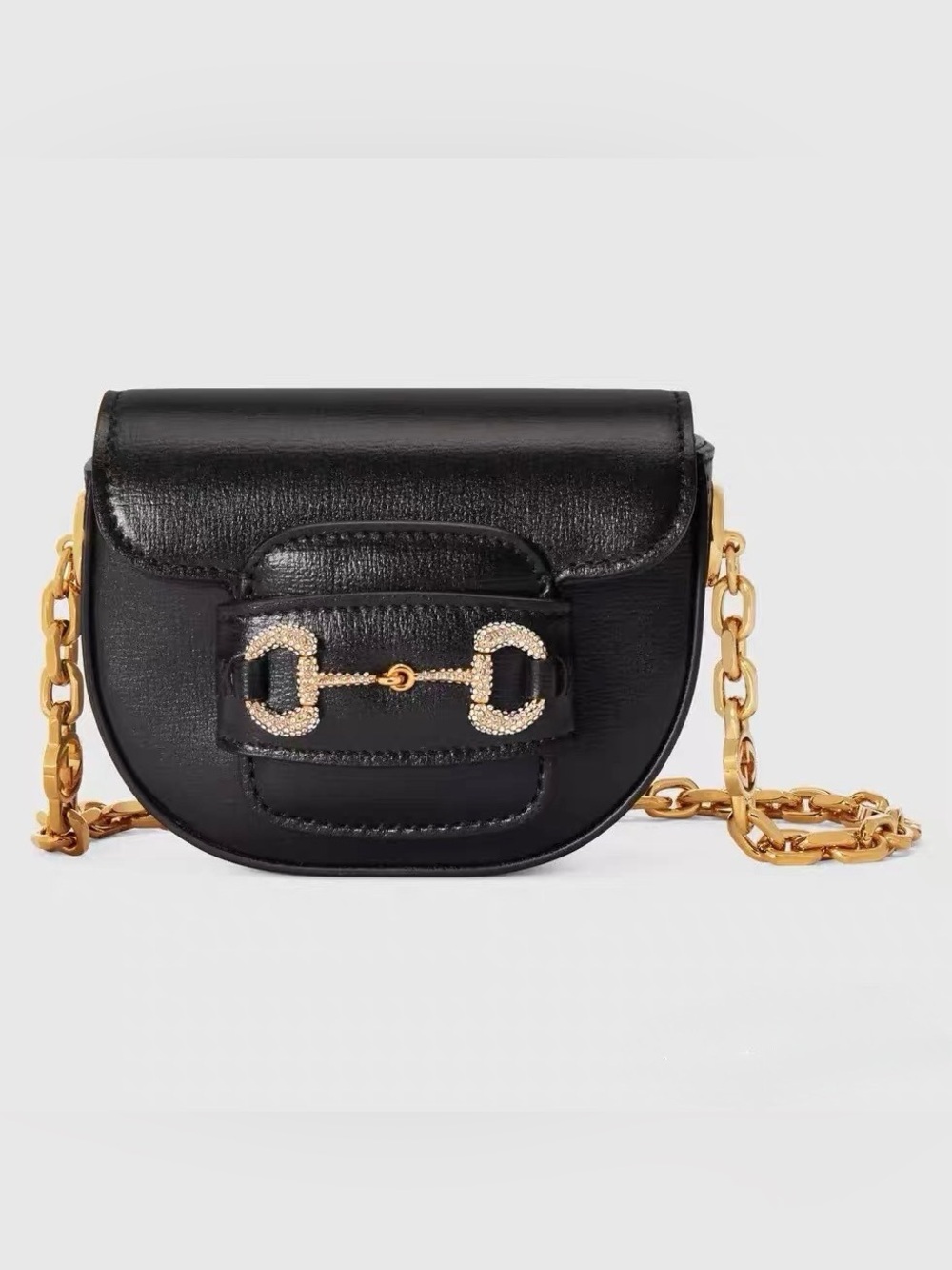Gucci Black Leather Crossbody with Gold-Tone Chain and Crystal Horsebit